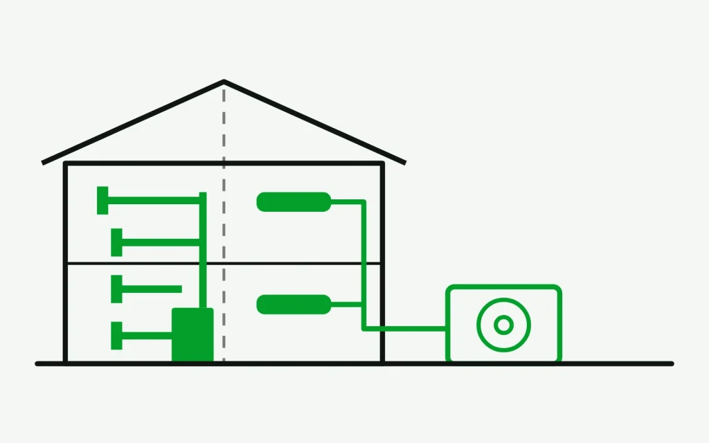 Cutaway of a Boston home: ducted central air on one side, ductless wall heads on the other