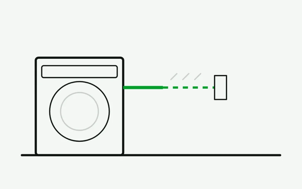 Dryer with its vent duct running to an exterior hood, the far half of the run drawn as restricted