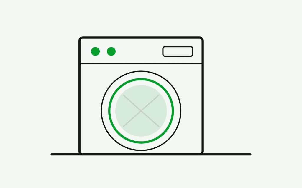 Front-load washer drawn in section with the door gasket ring picked out in green