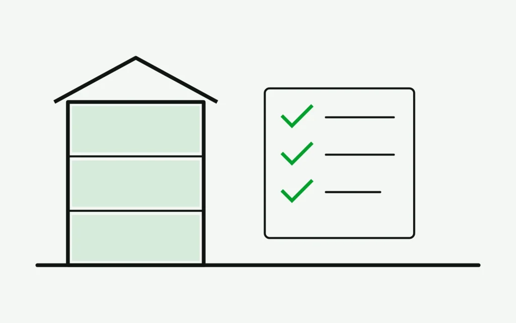 A three-unit building beside a checklist with three items ticked